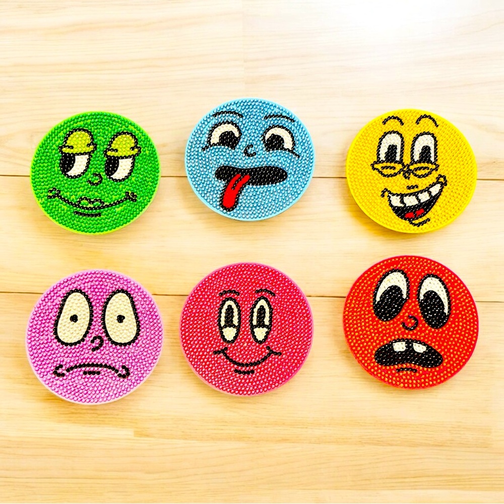 Fun Face Coaster Set of 6 w/ Holder Hand Crafted & Sealed Diamond Art 4” - Picture 2 of 3